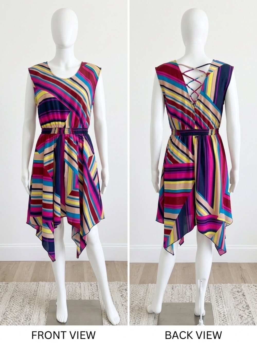 love, Fire Multicolor Striped Handkerchief-Hem Dress in Fuchsia & Teal